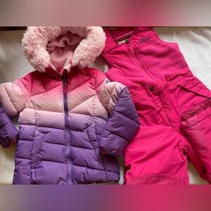 Snozu 2 Pcs Ski Set Jacket / Overall Pants Bibs Pink Purple Fleece Puffer Sz 4/5
